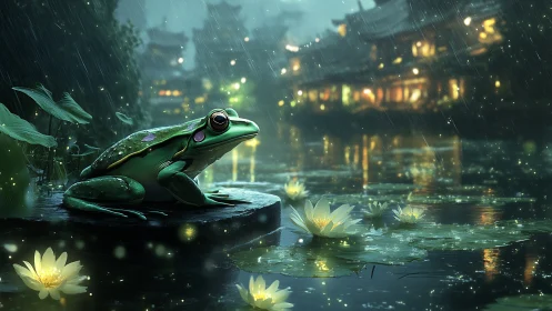 Midnight rain crowns a contemplative frog beside lantern water