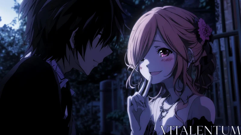 Moonlit anime couple sharing a secretive, intimate moment.