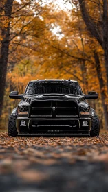 Brooding black pickup prowls a leaf-drenched autumn tunnel.