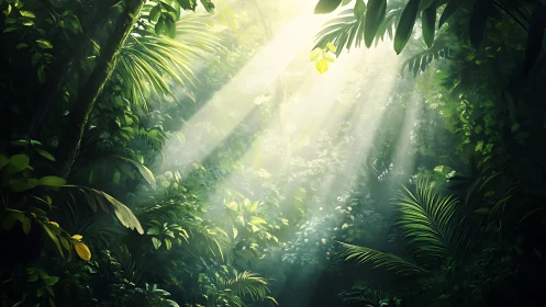 Sunlit rainforest canopy with dense emerald foliage.