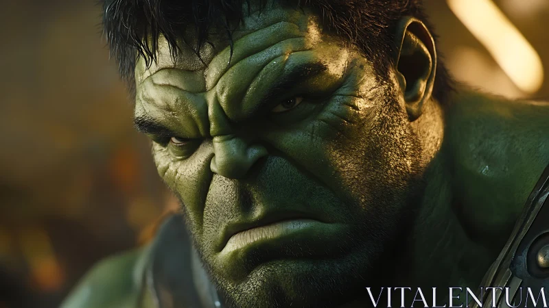 Photorealistic green brute close-up with intense glare.