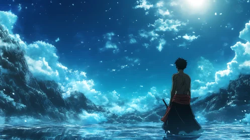 Lone swordsman under luminous celestial ocean sky.