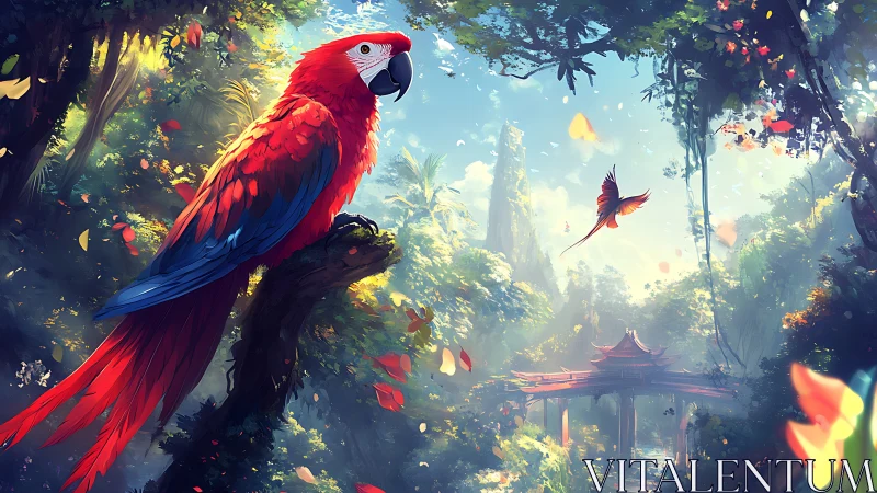Scarlet macaw perches in lush sunlit jungle clearing
