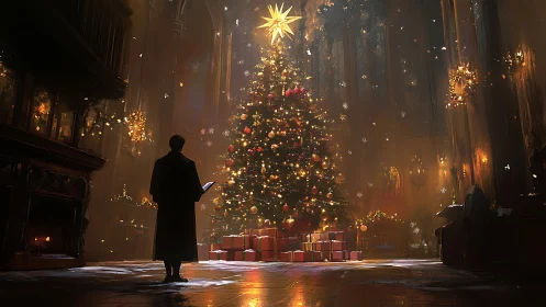 Person stands before illuminated Christmas tree in grand hall