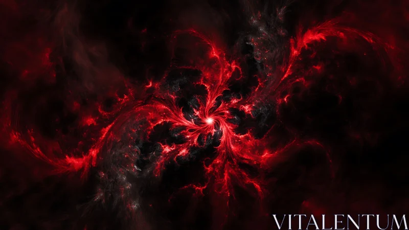 Red fractal vortex with radiating tendrils on black field.