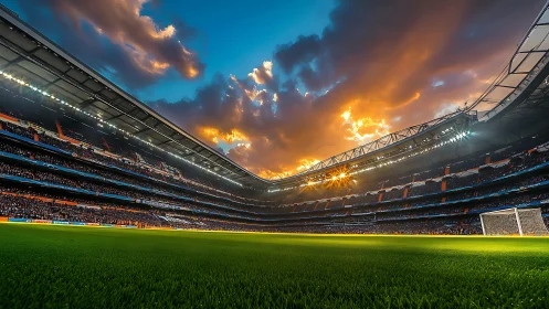 Sunset roar above emerald pitch in colossal stadium glow.
