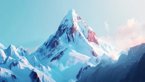 Sunlit alpine peak rises above serene pastel winter sky