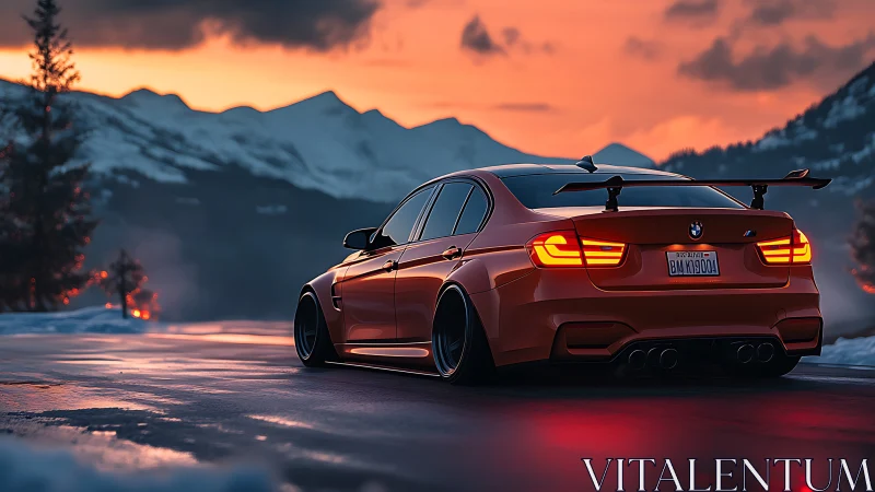 Modified orange BMW sedan on snowy mountain road at dusk.
