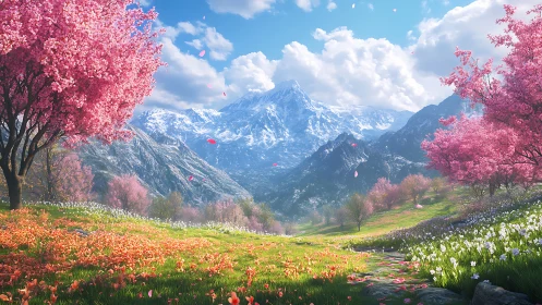 Mountain valley landscape contains blossom trees and flowers