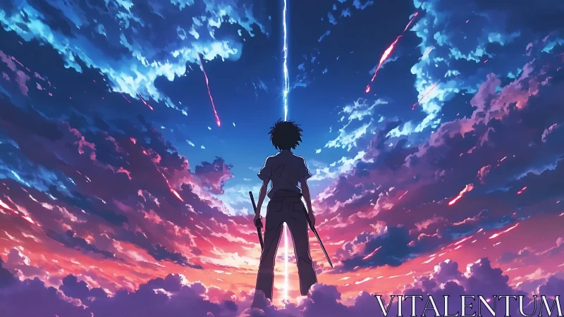 Silhouetted figure under dramatic multicolored twilight sky.