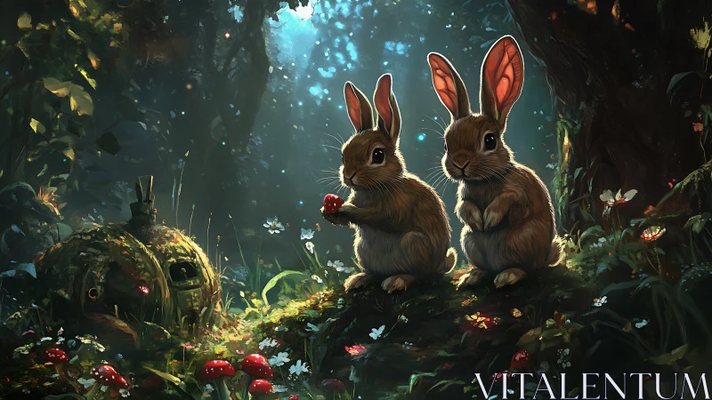 Woodland rabbits share berry in enchanted forest light.
