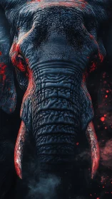 Powerful elephant portrait glowing with dramatic red light.