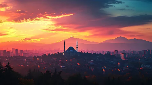 Sunset skyline bathes a distant mosque and city in warm glow