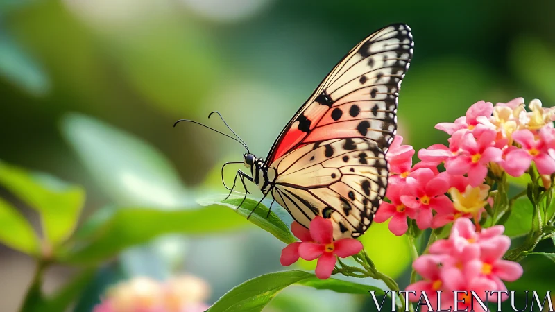 Garden ballet of a spotted butterfly on coral blossoms.