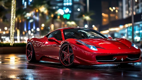 Low-angle view of red supercar on wet city street under bokeh lights