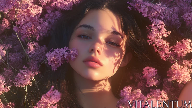 Sunlit portrait within lilac blossoms and soft shadows.