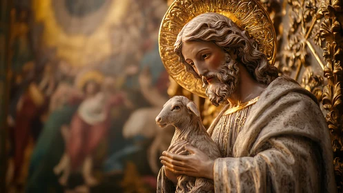 Carved religious figure with lamb stands before ornate backdrop