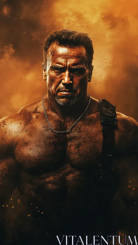 Battle-scarred warrior stands resolute in blazing ember haze