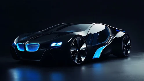 Sleek BMW concept coupe with neon blue luminous accents.