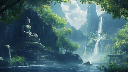 Buddha statue in misty waterfall valley with lush foliage