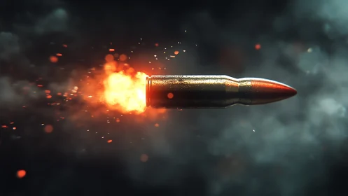 High-speed bullet in flight with muzzle flash and sparks.