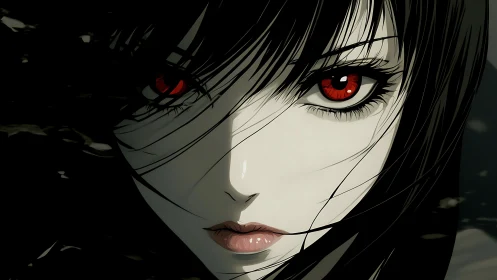 Crimson gaze in moonlit shadow, an obsidian-hearted stare.