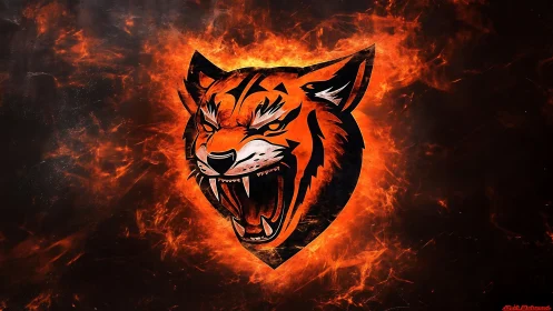 Fiery roaring tiger emblem over dark inferno background.