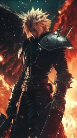 Spiky haired warrior stands before burning volcanic chasm