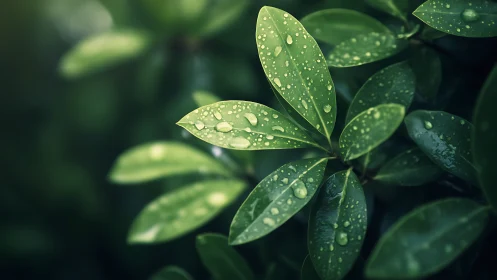 Close-up view of green leaves with surface water droplets.