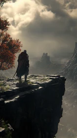 Lone cloaked warrior surveys distant stormlit fortress.