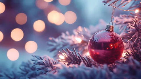 Red bauble on snowy Christmas tree with warm bokeh glow.