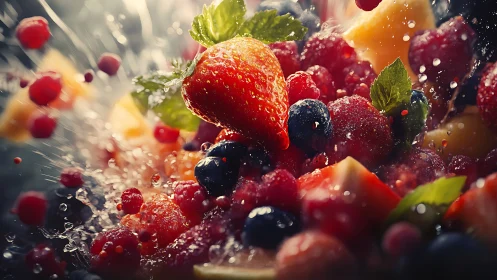 Mixed berries suspended in dynamic splash motion
