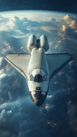 Orbital space shuttle cruising above Earth at night.
