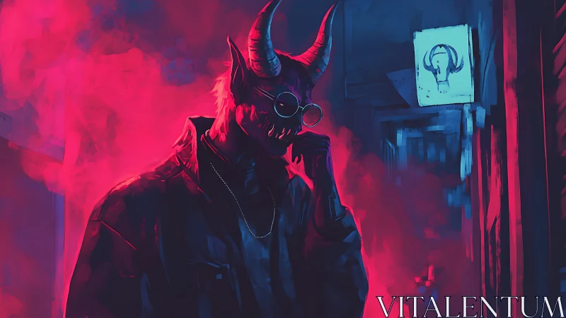 Demonic figure in neon alley with red smoke and shadows.