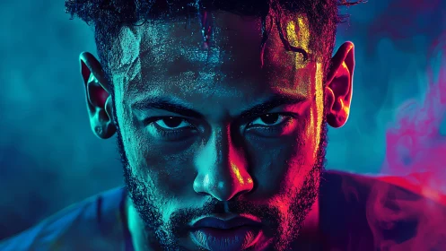 Close frontal digital portrait uses contrasting neon lighting