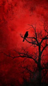 Silhouetted crow waits on barren tree against blood red sky