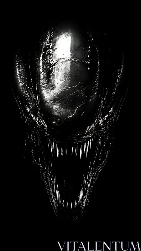 Monochrome biomechanical alien head rendered in high contrast