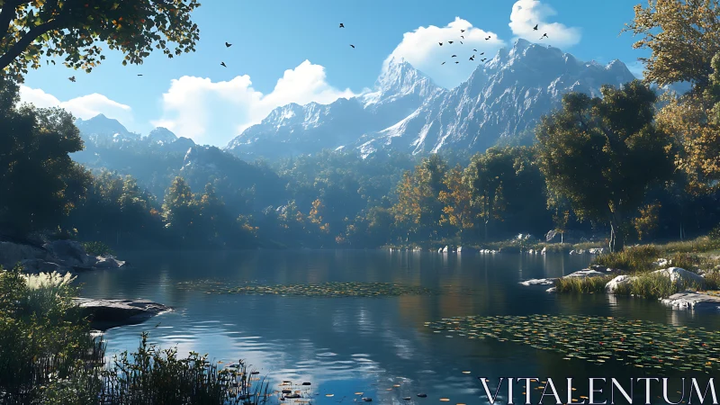 Mountain lake landscape under clear blue daytime sky.