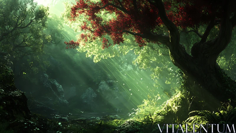 Ancient crimson-crowned tree bathes in ethereal forest light.