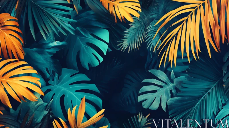 Lush tropical leaves glow in bold teal and golden orange harmony