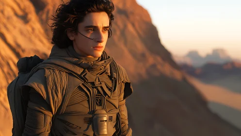 Desert wanderer pauses at sunrise, wrapped in quiet resolve.