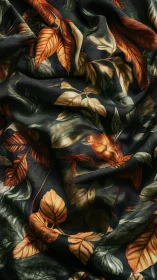 Draped dark chiffon with copper botanical leaf print pattern.