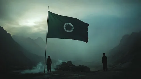 Lone flag rises in misty mountains as silent figures watch