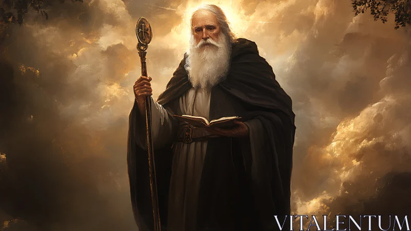 Elder mage holds illuminated tome beneath stormlit clouds.