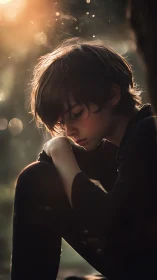 Pensive boy framed by golden backlight in soft bokeh haze