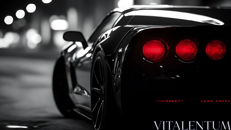 Rear view of black sports car with illuminated taillights.