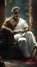 Digital painting portrait of regal elder on carved throne.