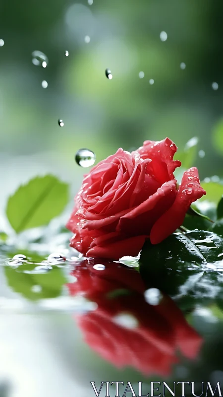 Scarlet rose lies on reflective water under falling raindrops.