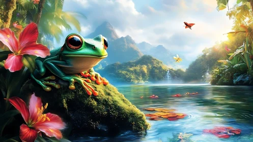 Colorful tree frog on mossy rock in bright jungle lagoon.