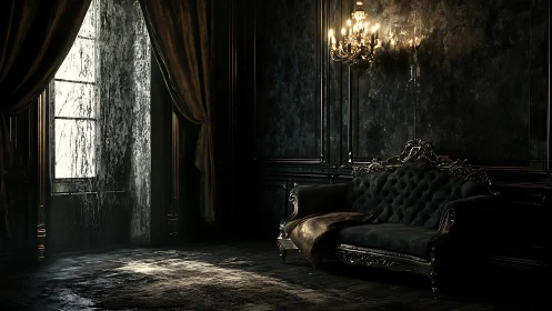 Dark gothic salon holds velvet sofa under dim chandelier